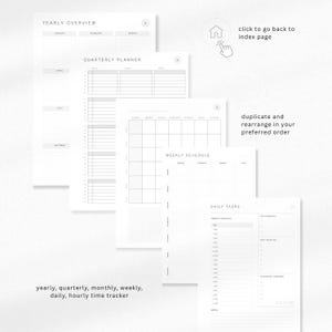 May include: A collection of white planner pages with text including "Yearly Overview", "Quarterly Planner", "Weekly Schedule", and "Daily Tasks". The pages are arranged to show different planning layouts. Text on the image says "yearly, quarterly, monthly, weekly, daily, hourly time tracker".