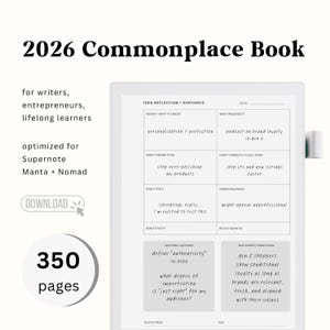 Puede incluir: Un planificador digital titulado "2026 Commonplace Book" para escritores y emprendedores. El planificador está optimizado para dispositivos Supernote Manta y Nomad. La imagen incluye un botón "Descargar" e indica que tiene 350 páginas.