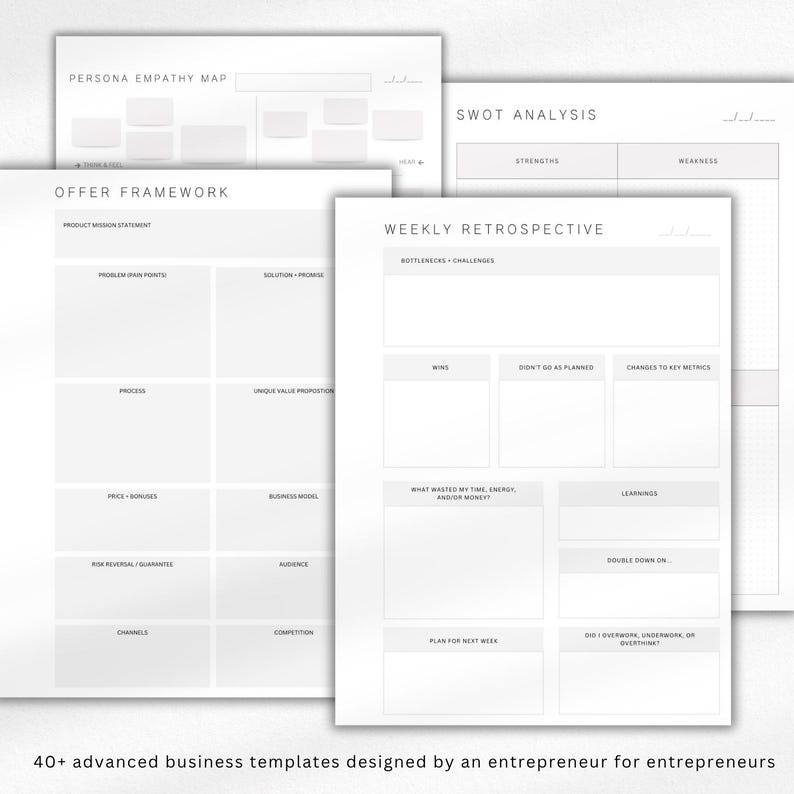 May include: A collection of white business templates with headings like "Persona Empathy Map," "Offer Framework," and "Weekly Retrospective." The templates are designed for entrepreneurs and include sections for SWOT analysis, problem-solving, and strategic planning. Text at the bottom reads: "40+ advanced business templates designed by an entrepreneur for entrepreneurs."