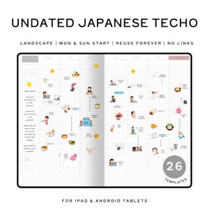 Puede incluir: Una plantilla de planificador digital japonés sin fecha para tabletas iPad y Android. El planificador presenta un diseño horizontal con inicio en lunes y domingo, e incluye 26 plantillas. Las páginas están decoradas con ilustraciones coloridas.