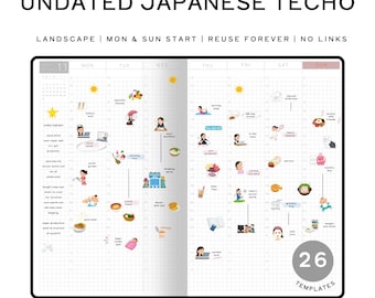 Undated Hobonichi Inspired Digital Planner 26 Templates| Landscape Minimalist Japanese Techo | Aesthetic Reuse for Life | 110+ Stickers