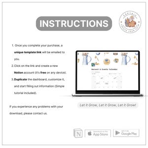 May include: A laptop displays a calendar template with the text "Harvest & Events Calendar." The image includes instructions, the text "INSTRUCTIONS," and the phrase "Let it Grow, Let it Grow, Let it Grow!" The image also includes the logos for Notion, the App Store, and Google Play.