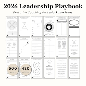 May include: A white 2026 Leadership Playbook with the text "Executive Coaching for reMarkable Move." The playbook includes various coaching templates, such as "Wheel of Life Roles" and "Energy Audit." It contains 500 pages and 420 stickers.
