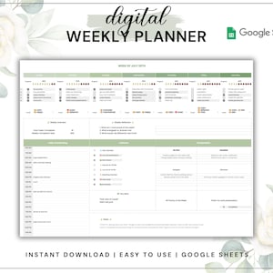 Green Weekly Planner Template | Task Tracker | Daily Habit Tracker | To-Do List Productivity Planner | Google Sheets Dashboard