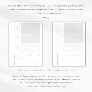 May include: Two minimalist quarterly planner layouts with a Gantt roadmap design. The text reads, "To avoid bloated file size and device lag, we designed this quarterly planner to have a minimal number of pages and links."