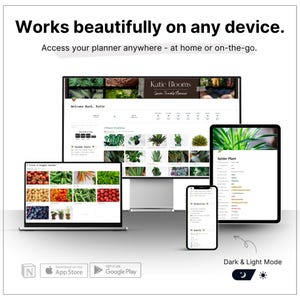 May include: A digital planner displayed on a laptop, desktop monitor, tablet, and smartphone. The screens show a plant profile and a fruit and vegetable garden. The text reads "Works beautifully on any device."