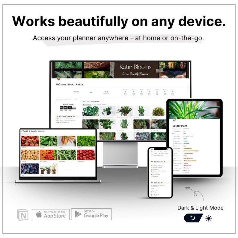 May include: A digital planner displayed on a laptop, desktop monitor, tablet, and smartphone. The screens show a plant profile and a fruit and vegetable garden. The text reads "Works beautifully on any device."