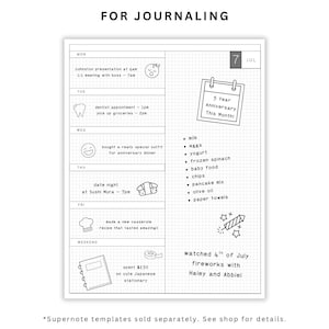 Peut inclure: Une page de journal en noir et blanc avec un motif quadrill&eacute;, pr&eacute;sentant un emploi du temps hebdomadaire et une liste de courses. La page comprend des illustrations d'une dent, de sushis et de feux d'artifice, avec le texte "FOR JOURNALING".