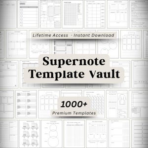 Op de afbeelding: Een verzameling afdrukbare plantemplates met verschillende lay-outs, waaronder dagelijkse, wekelijkse en maandelijkse planners. De afbeelding toont de tekst "Supernote Template Vault" en "1000+ Premium Templates".
