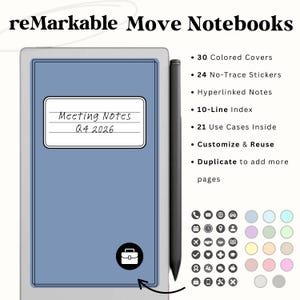 ReMarkable Paper Pro Move kleurgecodeerde notitieboeken | Hyperlinks, niet-gedateerd, aanpasbaar | 30 covers + 24 stickers zonder sporen + 21 use-cases