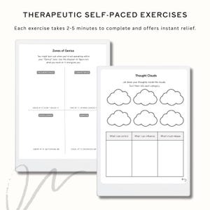 May include: Two digital tablets displaying therapeutic self-paced exercises. One shows a diagram for identifying your "Zones of Genius." The other features a "Thought Clouds" exercise with cloud shapes and categories for reflection. Text reads: "Each exercise takes 2-5 minutes to complete."