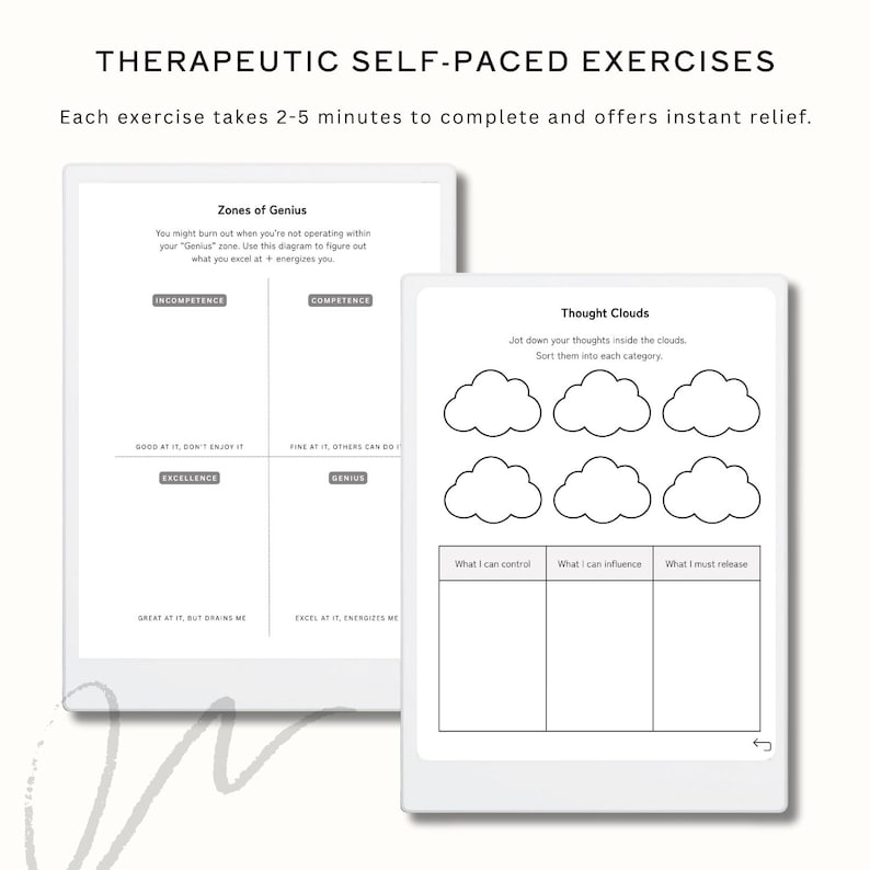 May include: Two digital tablets displaying therapeutic self-paced exercises. One shows a diagram for identifying your "Zones of Genius." The other features a "Thought Clouds" exercise with cloud shapes and categories for reflection. Text reads: "Each exercise takes 2-5 minutes to complete."