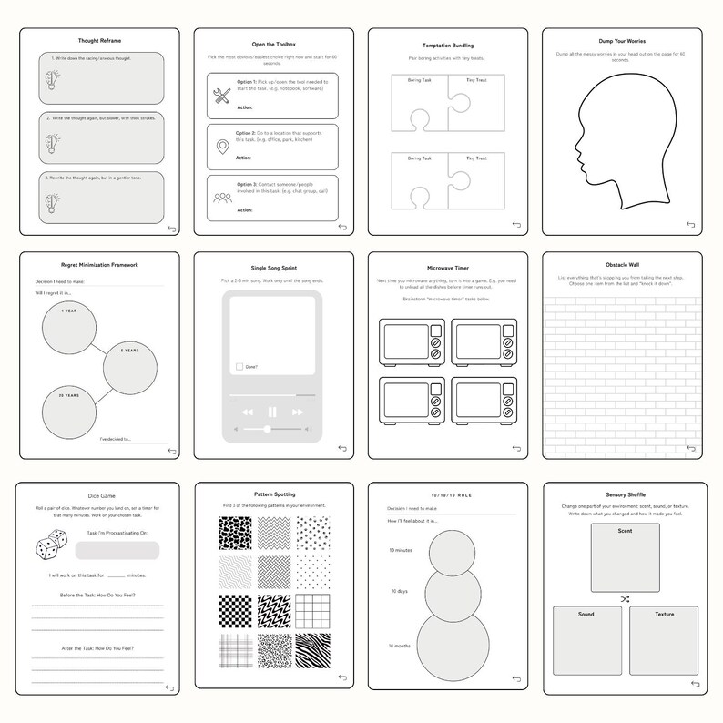 May include: A collection of twelve white and gray printable worksheets with various prompts and exercises. The worksheets cover topics such as thought reframing, problem-solving, and sensory exercises. Each sheet has a unique layout and design.