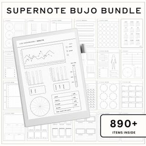 以下が含まれることがあります： 「SUPERNOTE BUJO BUNDLE」のテキストが入ったデジタルプランナーバンドル。画像には、グラフが表示された「LIFE DASHBOARD / HEALTH」レイアウトが表示されたデジタルタブレットが表示されています。バンドルには890以上のアイテムが含まれています。