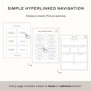May include: A digital planner interface with the text "SIMPLE HYPERLINKED NAVIGATION." The interface includes options to choose a mood and exercise, with interactive buttons and a "Brain Dump" section. The design is clean and minimalist.