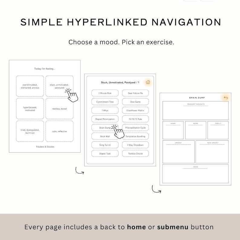 May include: A digital planner interface with the text "SIMPLE HYPERLINKED NAVIGATION." The interface includes options to choose a mood and exercise, with interactive buttons and a "Brain Dump" section. The design is clean and minimalist.