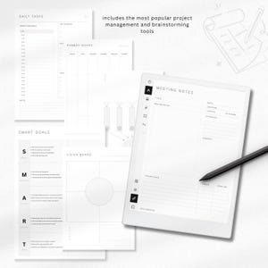 May include: A collection of white planner pages with minimalist designs. Includes pages for daily tasks, smart goals, a Kanban board, and meeting notes. A black stylus rests on the meeting notes page. Text reads "includes the most popular project management and brainstorming tools."