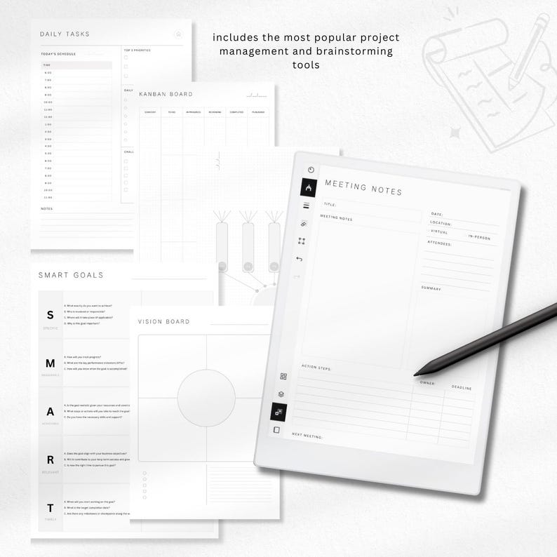May include: A collection of white planner pages with minimalist designs. Includes pages for daily tasks, smart goals, a Kanban board, and meeting notes. A black stylus rests on the meeting notes page. Text reads "includes the most popular project management and brainstorming tools."
