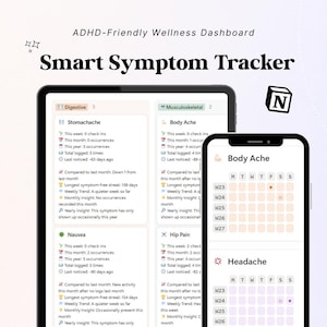 May include: A digital wellness dashboard displayed on a tablet and smartphone, titled ADHD-Friendly Wellness Dashboard and Smart Symptom Tracker. The interface shows categorized health logs for digestive and musculoskeletal symptoms with data points.