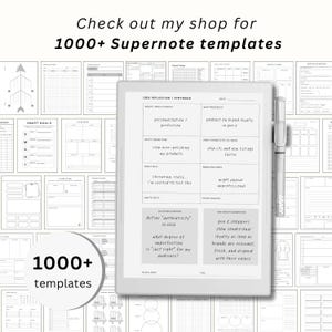 Peut inclure: Une tablette num&eacute;rique avec un stylet, entour&eacute;e de divers mod&egrave;les de planificateurs. La tablette affiche des notes sur "R&eacute;flexion et synth&egrave;se des id&eacute;es". Le texte indique "D&eacute;couvrez ma boutique pour 1000+ mod&egrave;les Supernote."