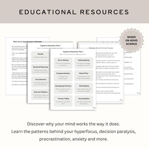 May include: Educational resources with text including "Cognitive Distortions" and "Based on ADHD Science." The image shows several pages with text about hyperfocus, decision paralysis, procrastination, and anxiety.