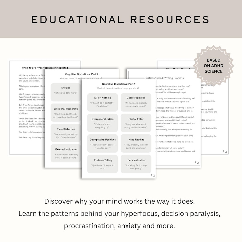 May include: Educational resources with text including "Cognitive Distortions" and "Based on ADHD Science." The image shows several pages with text about hyperfocus, decision paralysis, procrastination, and anxiety.