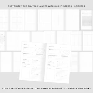 May include: A digital planner with various inserts and stickers. The open pages display a gratitude journal layout with prompts for reflection. The text reads, "Customize your digital planner with our 27 inserts + stickers" and "Copy & paste your faves into your main planner or use in other notebooks."