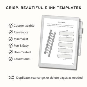 May include: A white e-ink tablet with a stylus, displaying a "Sound Ladder" template. The template includes a ladder graphic and text fields. Text on the image reads "Crisp, Beautiful E-Ink Templates," and lists features like "Customizable" and "Educational."