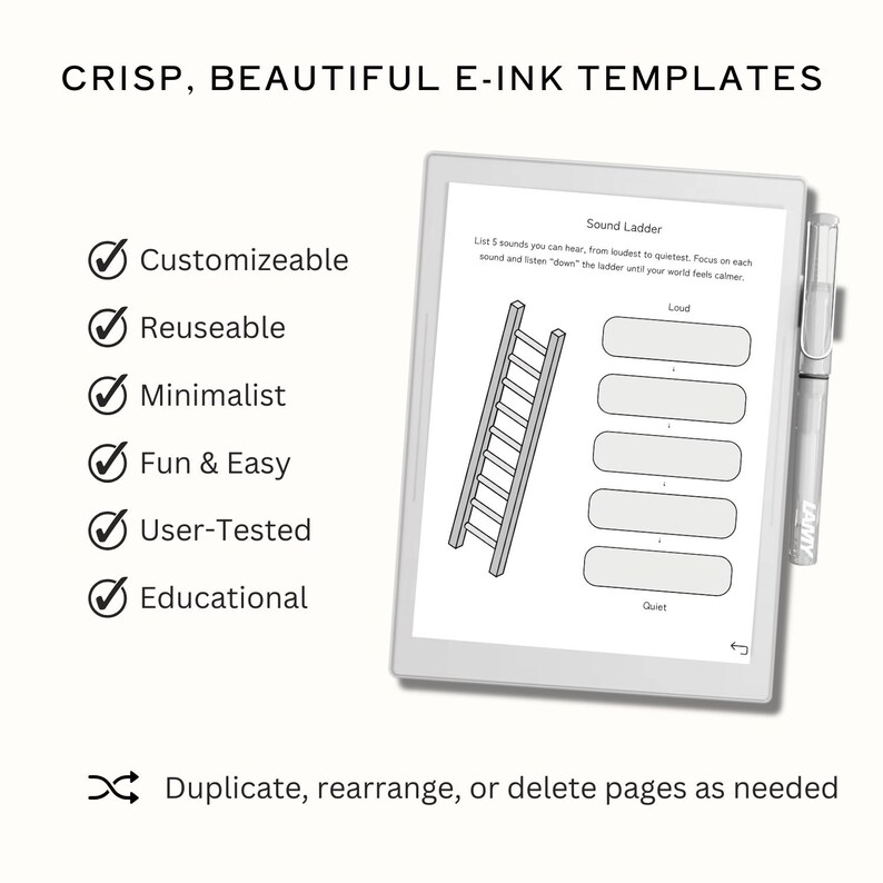May include: A white e-ink tablet with a stylus, displaying a "Sound Ladder" template. The template includes a ladder graphic and text fields. Text on the image reads "Crisp, Beautiful E-Ink Templates," and lists features like "Customizable" and "Educational."