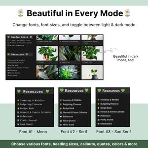 May include: A digital interface showcasing a dark mode design with plant-related resources. The image highlights font and size customization options, and the ability to toggle between light and dark modes. Text includes "Beautiful in Every Mode."