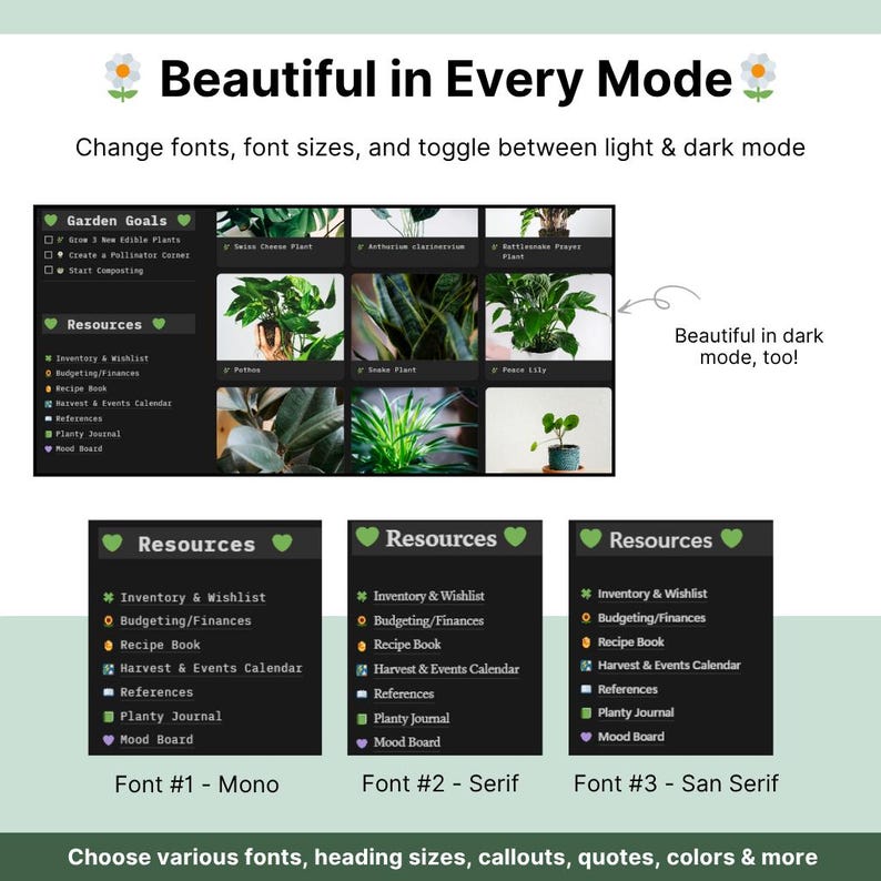 May include: A digital interface showcasing a dark mode design with plant-related resources. The image highlights font and size customization options, and the ability to toggle between light and dark modes. Text includes "Beautiful in Every Mode."