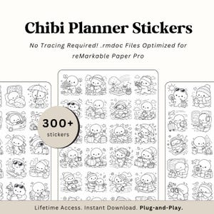 May include: Black and white Chibi planner stickers with various themed illustrations, including seasonal activities and travel. The stickers are optimized for reMarkable Paper Pro and include over 300 stickers. Text on the image reads "Chibi Planner Stickers".
