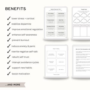 May include: A digital product with the word "BENEFITS" at the top, listing advantages like reducing stress and anxiety. Several digital worksheets are displayed, including "Cognitive Distortions" and "Thought Clouds", with the text "...AND MORE" at the bottom.