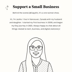 May include: A black and white line drawing of a woman wearing glasses, with the text "Support a Small Business." The text also includes "Behind the scenes @CapyKit, it's a one-woman show."