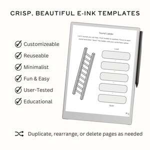 May include: A digital e-ink template with the text "CRISP, BEAUTIFUL E-INK TEMPLATES". The template displays a "Sound Ladder" diagram with a ladder graphic and text fields. Additional text includes "Customizeable", "Reuseable", "Minimalist", "Fun & Easy", "User-Tested", and "Educational".