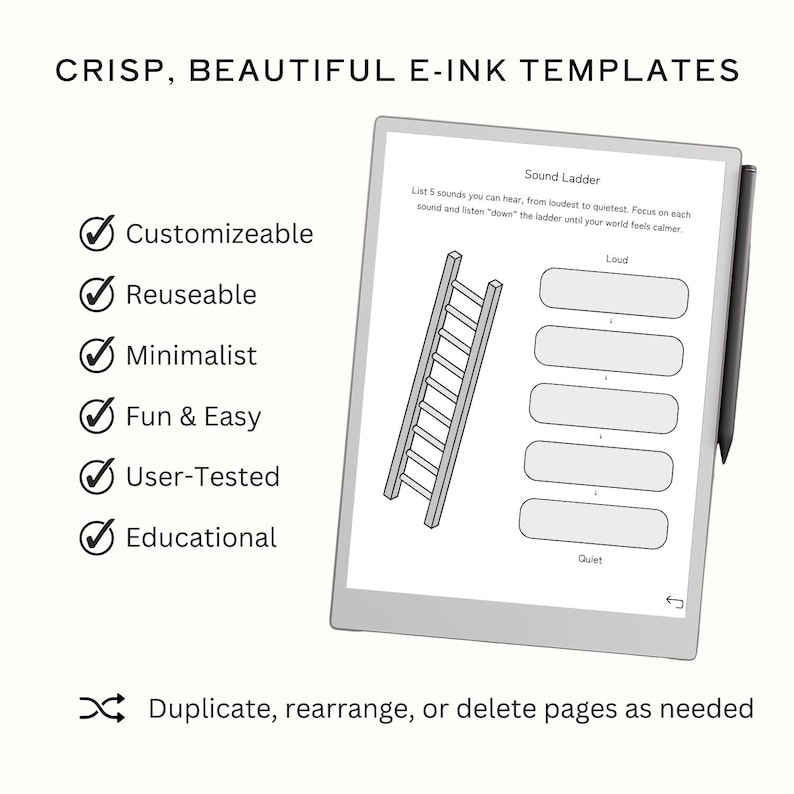 May include: A digital e-ink template with the text "CRISP, BEAUTIFUL E-INK TEMPLATES". The template displays a "Sound Ladder" diagram with a ladder graphic and text fields. Additional text includes "Customizeable", "Reuseable", "Minimalist", "Fun & Easy", "User-Tested", and "Educational".