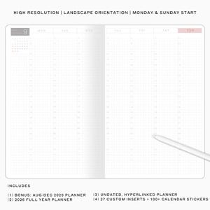 May include: Open notebook with a grid layout, featuring a calendar for September. The text includes "HIGH RESOLUTION | LANDSCAPE ORIENTATION | MONDAY & SUNDAY START" and "INCLUDES" with planner details. A white stylus rests on the page.