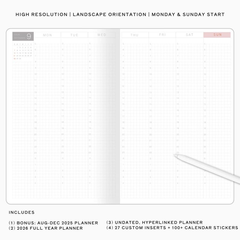 May include: Open notebook with a grid layout, featuring a calendar for September. The text includes "HIGH RESOLUTION | LANDSCAPE ORIENTATION | MONDAY & SUNDAY START" and "INCLUDES" with planner details. A white stylus rests on the page.