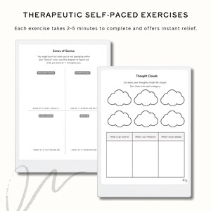 May include: Two digital tablets displaying therapeutic self-paced exercises. One shows a "Zones of Genius" diagram, the other a "Thought Clouds" exercise. Text at the top reads "THERAPEUTIC SELF-PACED EXERCISES". Each exercise takes 2-5 minutes.