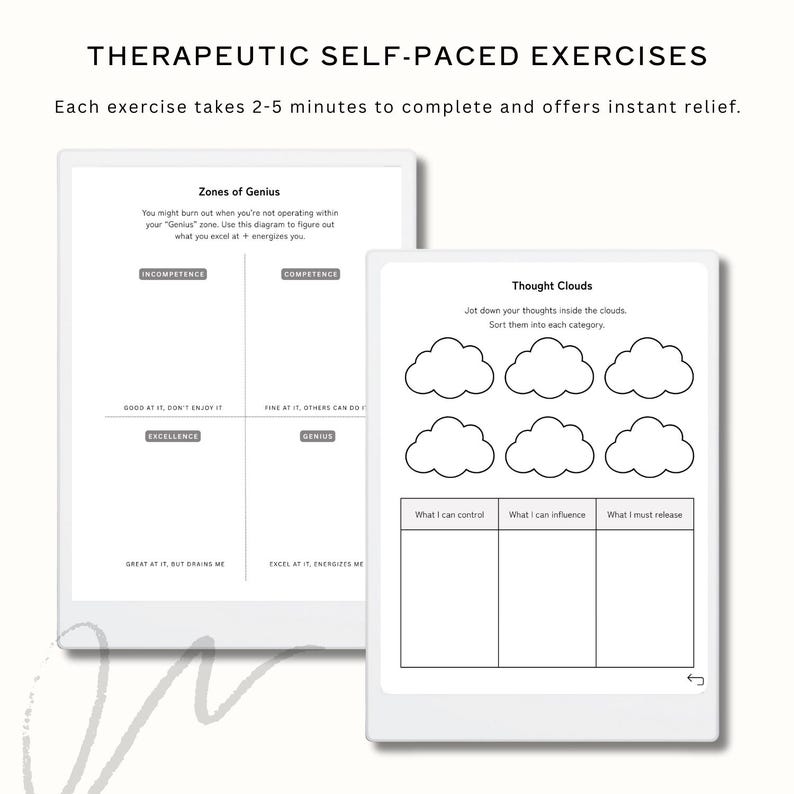 May include: Two digital tablets displaying therapeutic self-paced exercises. One shows a "Zones of Genius" diagram, the other a "Thought Clouds" exercise. Text at the top reads "THERAPEUTIC SELF-PACED EXERCISES". Each exercise takes 2-5 minutes.