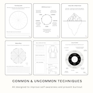 May include: A collection of six white cards with black text and diagrams. The cards cover topics like time-energy audits, ADHD burnout, and locus of control. The bottom of the image reads "COMMON & UNCOMMON TECHNIQUES" and "All designed to improve self-awareness and prevent burnout."