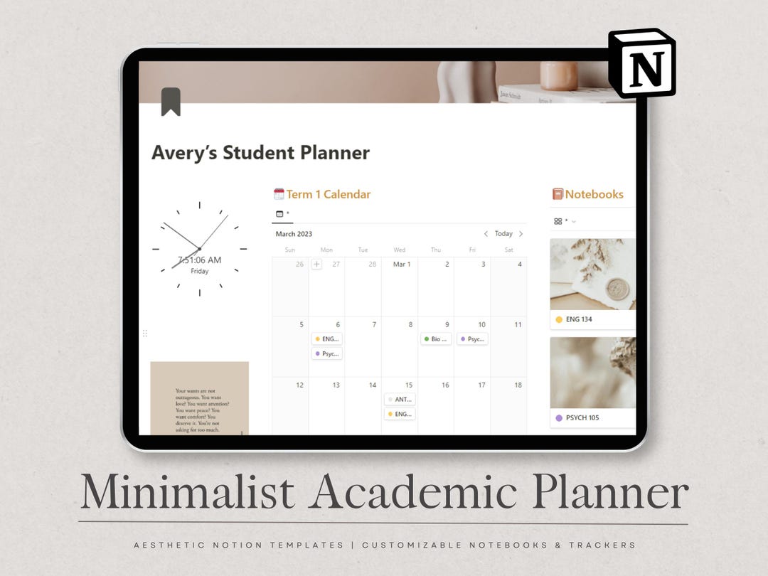 Undated Minimalist Student Planner | Notion Academic Planner Template | College Dashboard for ...