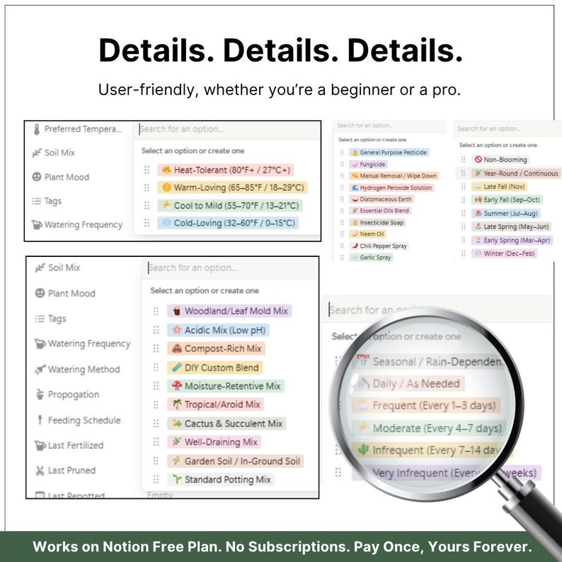 May include: A digital interface with the text "Details. Details. Details." and "User-friendly, whether you're a beginner or a pro." Various options are listed, including temperature, soil mix, and watering frequency. A magnifying glass highlights watering frequency options.