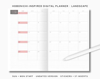 May include: A digital planner with the text "2026 TOMONICHI TECHO" and "HOBONICHI-INSPIRED DIGITAL PLANNER". The open planner displays a calendar grid with highlighted dates and a stylus. Additional text includes "SUN + MON START", "UNDATED VERSION", and "STICKERS + 27 INSERTS".