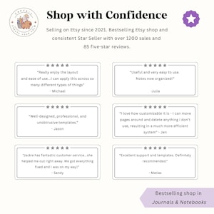 May include: A promotional image for an Etsy shop, featuring the text "Shop with Confidence" and customer testimonials. The image includes a logo, star seller badge, and the phrase "Bestselling shop in Journals & Notebooks."