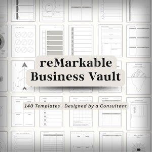 Op de afbeelding: Een verzameling witte en grijze zakelijke sjablonen, waaronder grafieken, diagrammen en planningsbladen. De centrale tekst luidt "reMarkable Business Vault" met de slogan "140 Sjablonen • Ontworpen door een consultant."