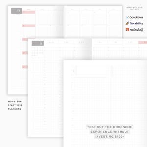 May include: A collection of white planner pages with a grid pattern, featuring dates and layouts for daily, weekly, and monthly planning. The text "MON & SUN START 2026 PLANNERS" is visible. The text "TEST OUT THE HOBONICHI EXPERIENCE WITHOUT INVESTING $100+" is also visible.