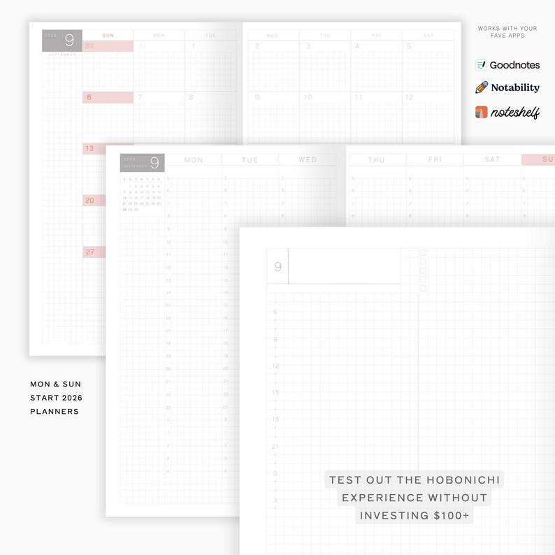 May include: A collection of white planner pages with a grid pattern, featuring dates and layouts for daily, weekly, and monthly planning. The text "MON & SUN START 2026 PLANNERS" is visible. The text "TEST OUT THE HOBONICHI EXPERIENCE WITHOUT INVESTING $100+" is also visible.