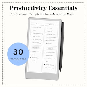 Peut inclure: Une tablette numérique avec un stylet, affichant une liste de tâches et d'autres modèles de productivité. L'écran affiche une liste de tâches et le texte "Productivity Essentials". Un cercle bleu indique "30 modèles".