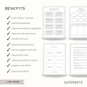 May include: A digital planner with the text "BENEFITS" and a list of benefits, including lower stress, stabilize dopamine, and improve emotional regulation. The image also shows templates for cognitive distortions and thought clouds.
